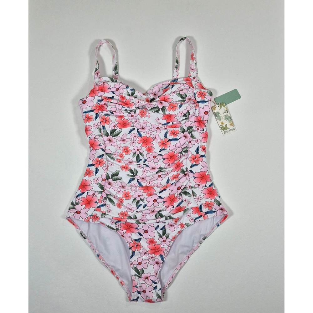 Shekini Floral One Piece Swimsuit Pink White Ruched Tummy Control NWT Size XXL